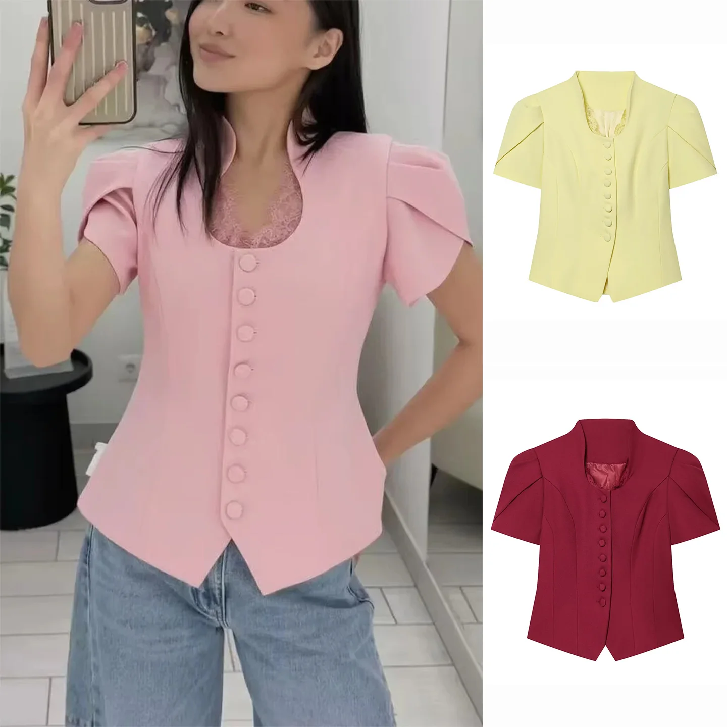 Summer New Women's Slim Fit Short Sleeve Stand Collar Lace Patchwork Single Button Short Length Suit Jacket Commute Style
Summer New Women's Slim Fit Short Sleeve Stand Collar Lace Patchwork Single Button Short Length Suit Jacket Commute Style