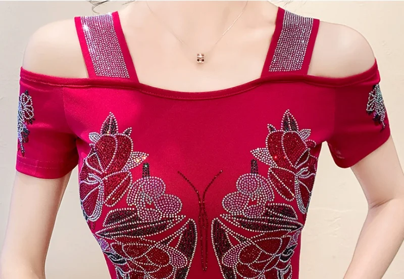 European Women's Clothes Sexy Off Shoulder Mesh Tops Design Fashion Hot Butterfly Diamonds T-Shirts Summer Ladies Tees
European Women's Clothes Sexy Off Shoulder Mesh Tops Design Fashion Hot Butterfly Diamonds T-Shirts Summer Ladies Tees