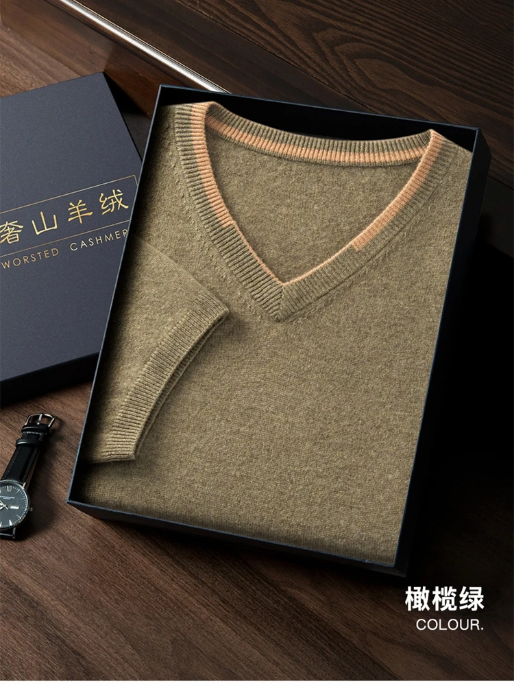 Spring and Autumn V-neck pure cashmere sweater Men's short-sleeved T-shirt with casual half-sleeve contrast sweater
Spring and Autumn V-neck pure cashmere sweater Men's short-sleeved T-shirt with casual half-sleeve contrast sweater