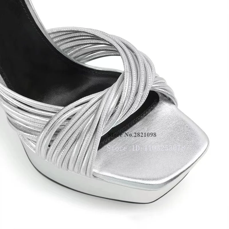 Multi Thread Silver Leather Torchon Strap Chunky Platform Heeled Sandal High Heel Women Summer Square Open Toe Dress Shoes
Multi Thread Silver Leather Torchon Strap Chunky Platform Heeled Sandal High Heel Women Summer Square Open Toe Dress Shoes