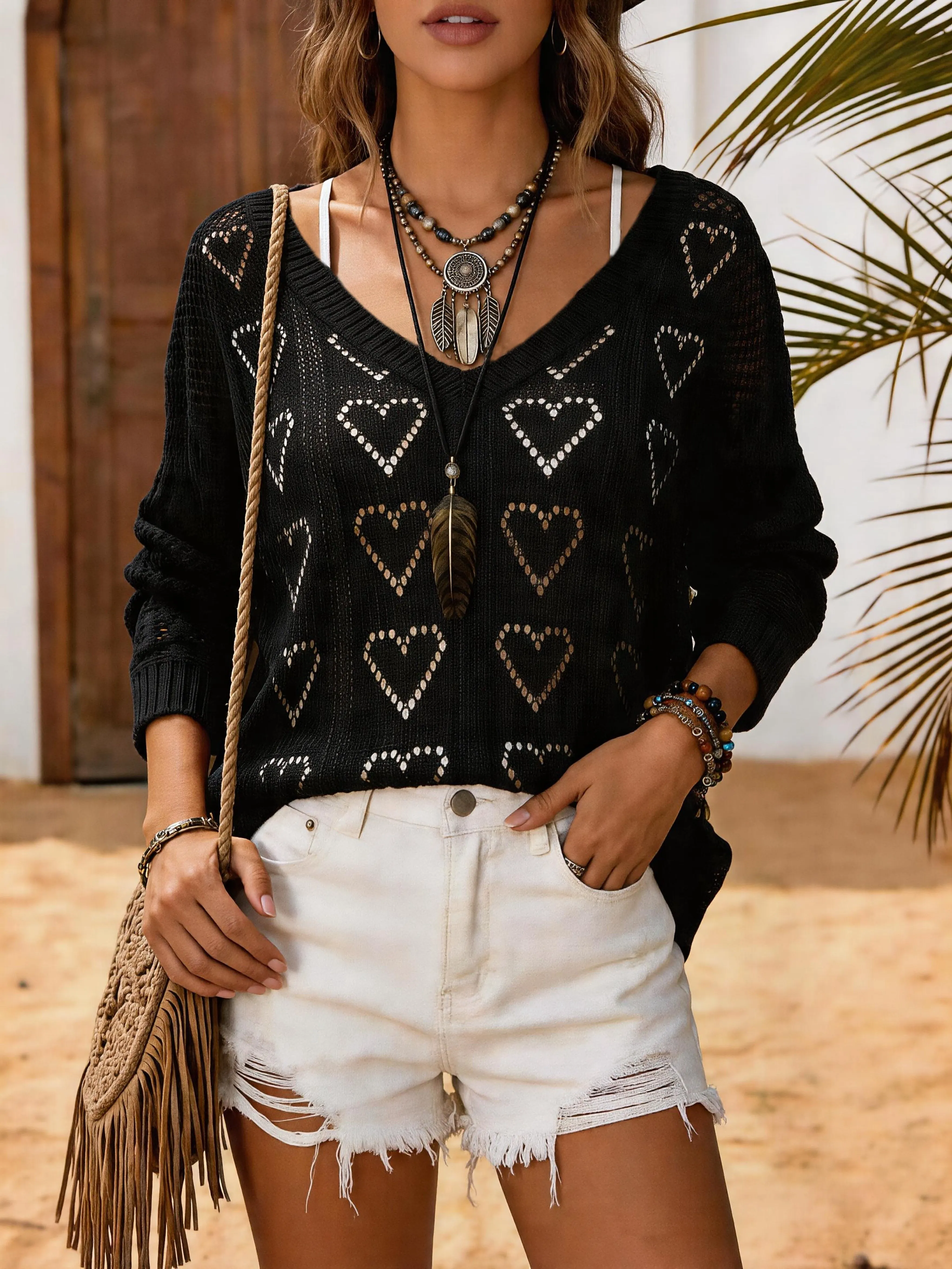 Plus Size Women's Beach V-Neck Hollow Out Knit Long Sleeve Pullover, Ideal for Summer Outings.
Plus Size Women's Beach V-Neck Hollow Out Knit Long Sleeve Pullover, Ideal for Summer Outings.