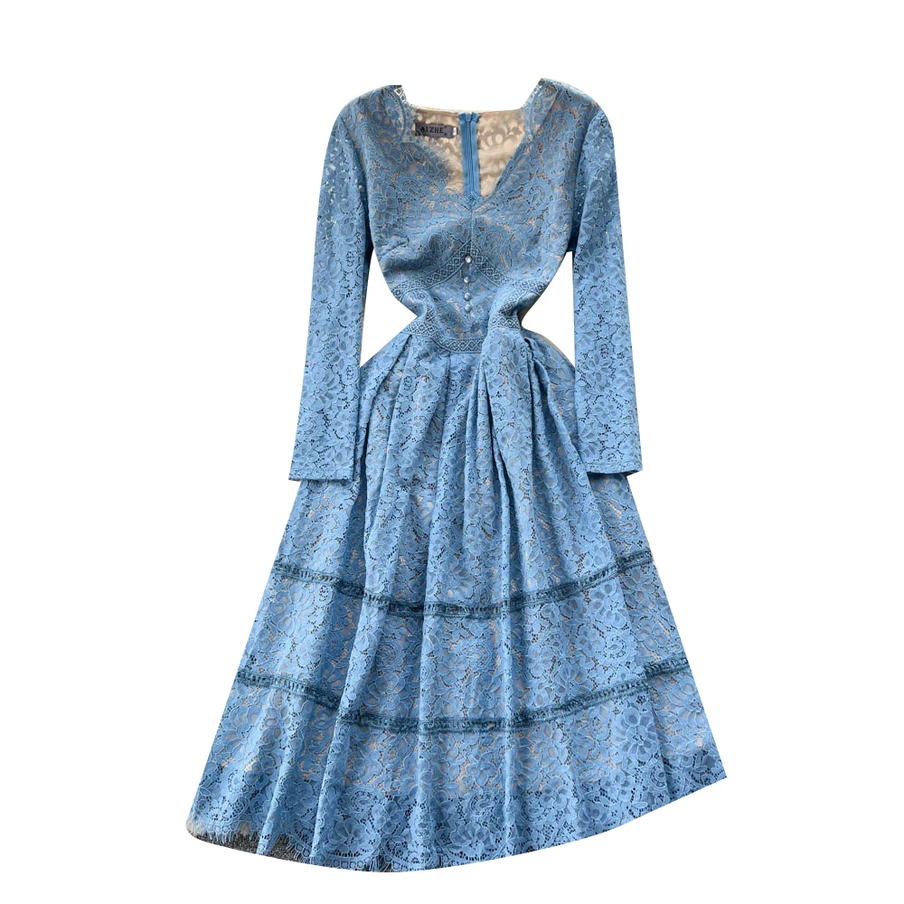 2023 New Spring Autumn Women Sexy V-Neck Long Sleeve Slim Long Dress High Quality Elegant Big Hem Retro Light Blue Lace Dress
2023 New Spring Autumn Women Sexy V-Neck Long Sleeve Slim Long Dress High Quality Elegant Big Hem Retro Light Blue Lace Dress
