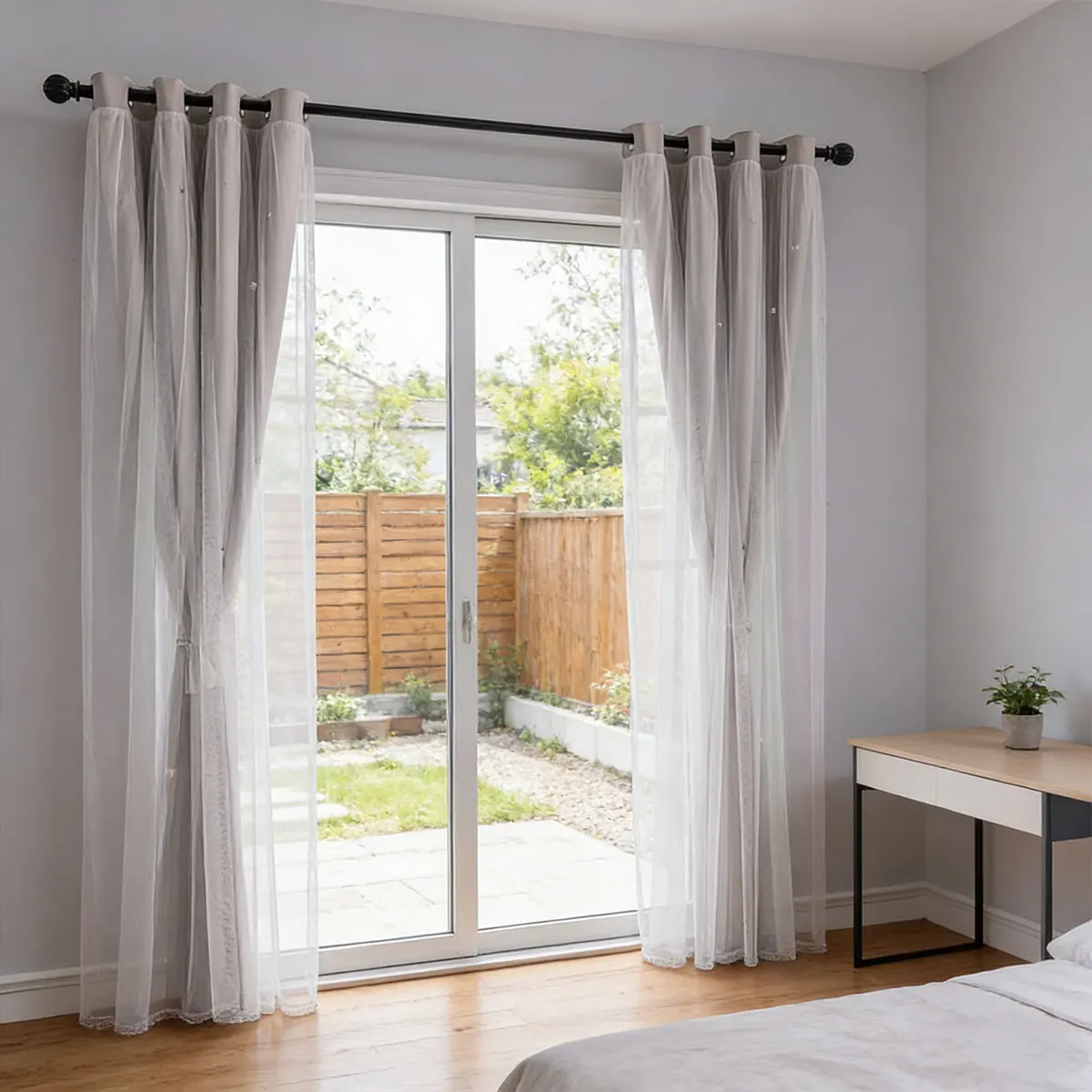 2-in-1 Grey Blackout Curtain with Sheer Overlay, Sparkle Star Grommet Top Window Drapes for Bedroom Living Room
2-in-1 Grey Blackout Curtain with Sheer Overlay, Sparkle Star Grommet Top Window Drapes for Bedroom Living Room