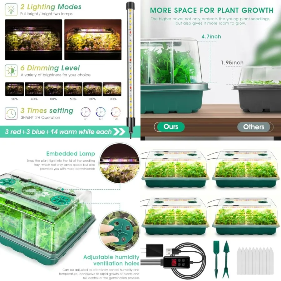 Seed Starter Tray with Grow Light, 192-Cell Seed Starter Kit, Seedling Starter Trays with Humidity Domes, Automatic Timer, Adju
Seed Starter Tray with Grow Light, 192-Cell Seed Starter Kit, Seedling Starter Trays with Humidity Domes, Automatic Timer, Adju