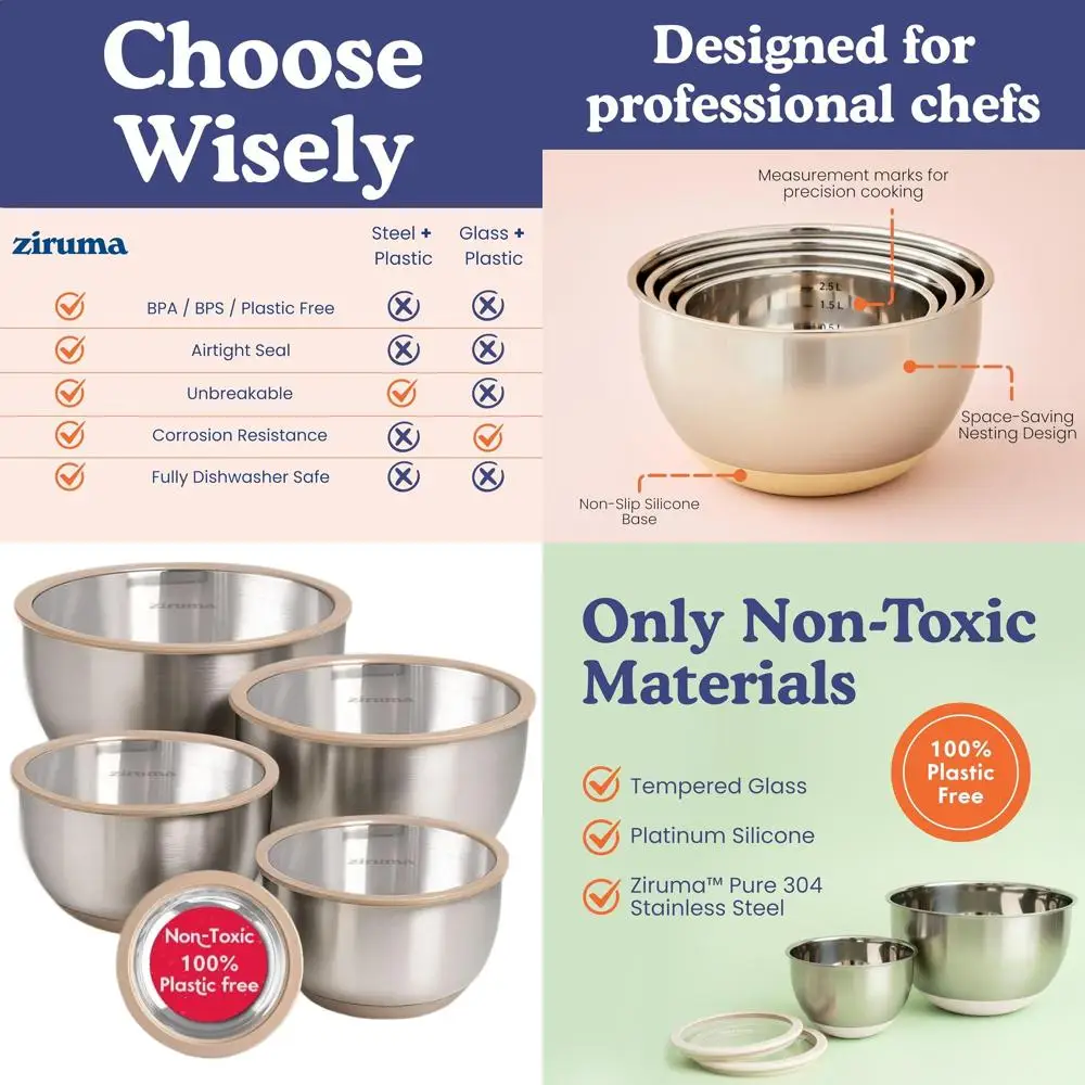 Набор мисок для смешивания из нержавеющей стали и стекла, 5 предметов, без пластика, с силиконовым основанием, можно мыть в посудомоечной машине
Набор мисок для смешивания из нержавеющей стали и стекла, 5 предметов, без пластика, с силиконовым основанием, можно мыть в посудомоечной машине