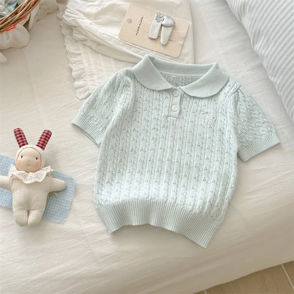 New Summer Clothing Korean Children's Clothing Bow Collar Short Sleeved Fashionable Knitwear Girl Top
New Summer Clothing Korean Children's Clothing Bow Collar Short Sleeved Fashionable Knitwear Girl Top