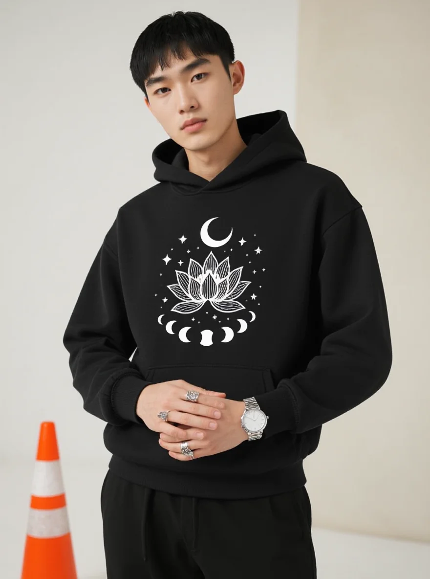 Lotus & Moon Men's Hoodie, Loose Fit, Non-Stretch, Fall Winter, Everyday Casual Outerwear
Lotus & Moon Men's Hoodie, Loose Fit, Non-Stretch, Fall Winter, Everyday Casual Outerwear