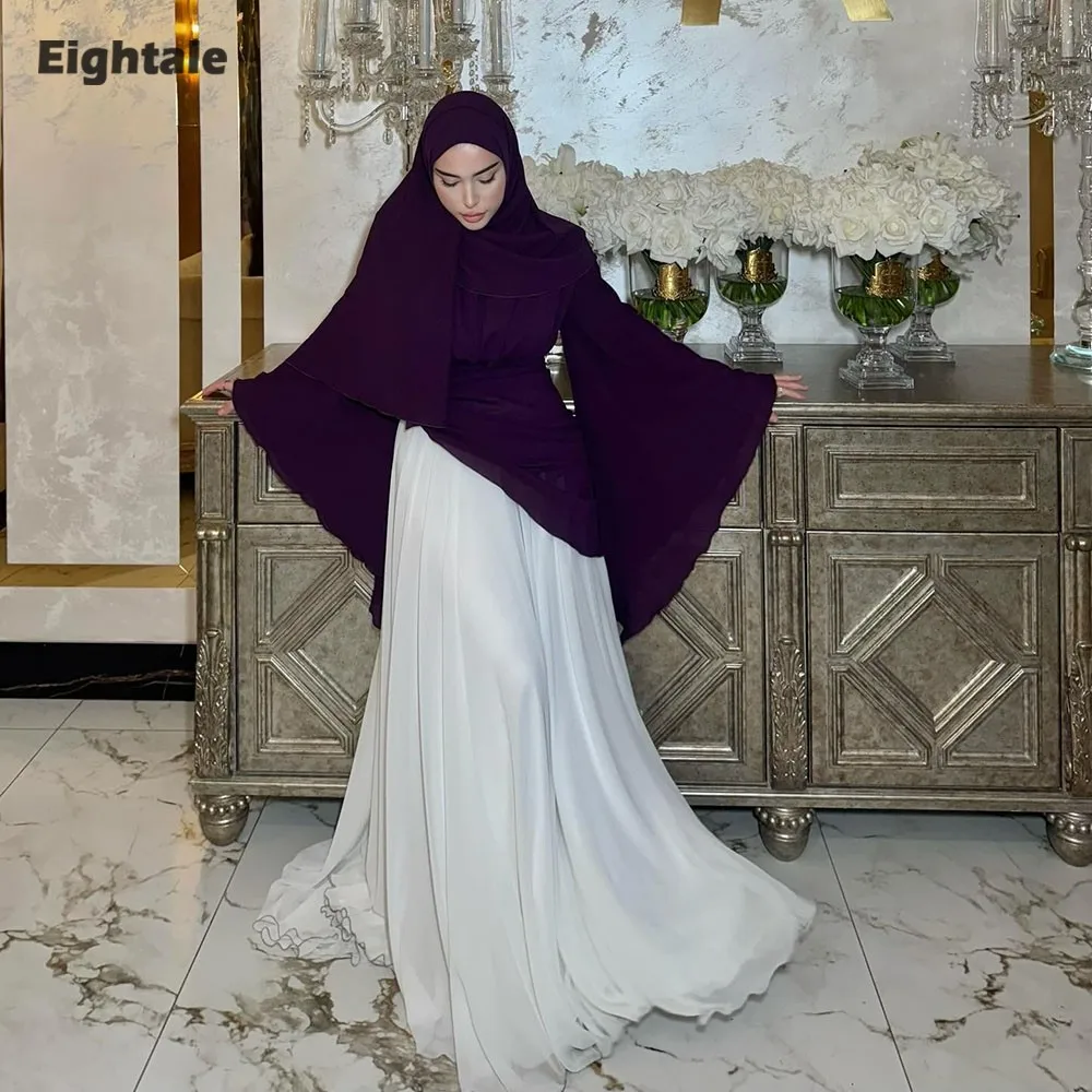 Eightale Arabic Evening Dresses for Wedding Party O-Neck Customized Chiffon Pleats A-Line Purple and White Muslim Prom Gowns
Eightale Arabic Evening Dresses for Wedding Party O-Neck Customized Chiffon Pleats A-Line Purple and White Muslim Prom Gowns