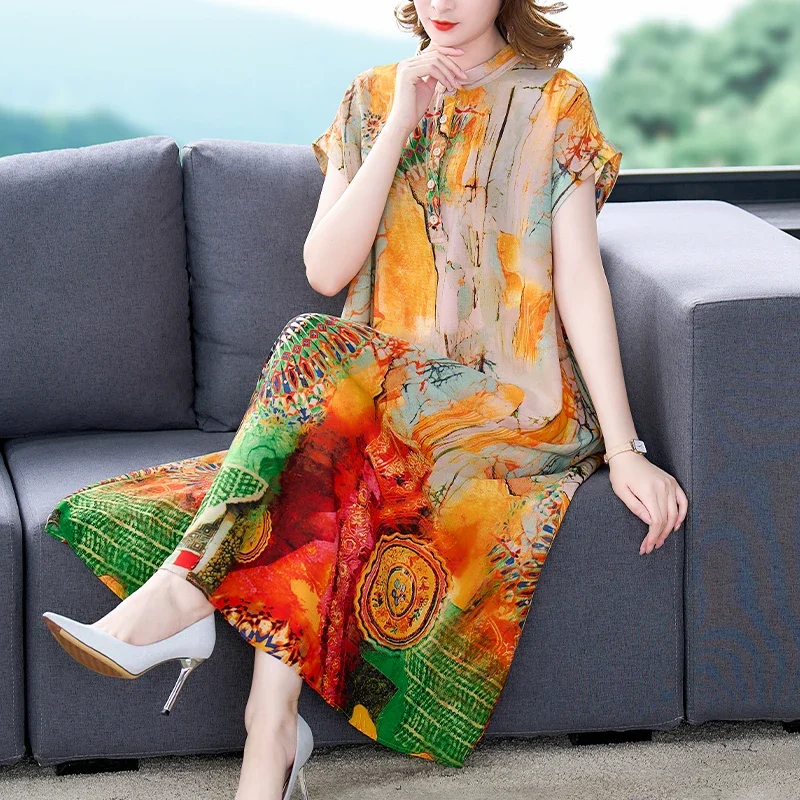 Female Print Natural Silk Loose Waist Plus Size Women Korean Vintage Casual Midi Dress Summer Elegant Short Sleeve J216
Female Print Natural Silk Loose Waist Plus Size Women Korean Vintage Casual Midi Dress Summer Elegant Short Sleeve J216