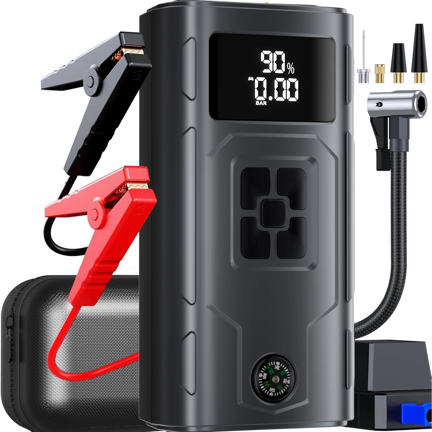 4‑IN‑1 Car Jump Starter with Air Compressor & Navigation Compass, Auto Battery Booster, 150PSI Tire Inflator Portable Power Bank
4‑IN‑1 Car Jump Starter with Air Compressor & Navigation Compass, Auto Battery Booster, 150PSI Tire Inflator Portable Power Bank