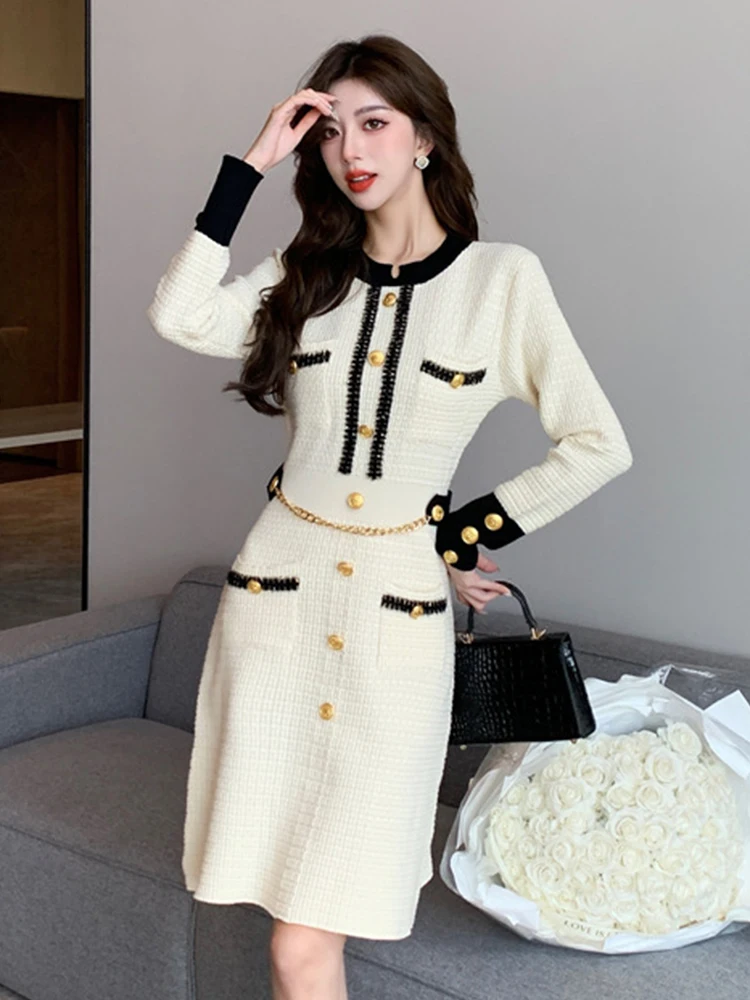 Fashion Vintage Formal Knitted Short Dress Women Clothes Sweater Single Breasted Chain Mini Gown Mujer Vestidos Autumn Winter
Fashion Vintage Formal Knitted Short Dress Women Clothes Sweater Single Breasted Chain Mini Gown Mujer Vestidos Autumn Winter