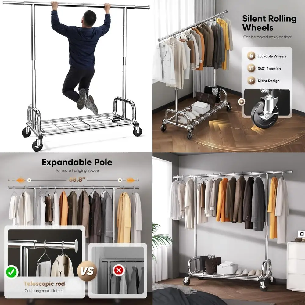 Регулируемая сверхмощная вешалка для подвешивания одежды — портативная вешалка для одежды с запираемыми колесами, долговечность
Регулируемая сверхмощная вешалка для подвешивания одежды — портативная вешалка для одежды с запираемыми колесами, долговечность