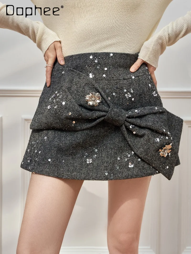 Winter Gray Bow Elegant Socialite Sequin Flower Embroidery Wool Mini Skirt French High End Fashion High Waist Slim A-line Skirts
Winter Gray Bow Elegant Socialite Sequin Flower Embroidery Wool Mini Skirt French High End Fashion High Waist Slim A-line Skirts