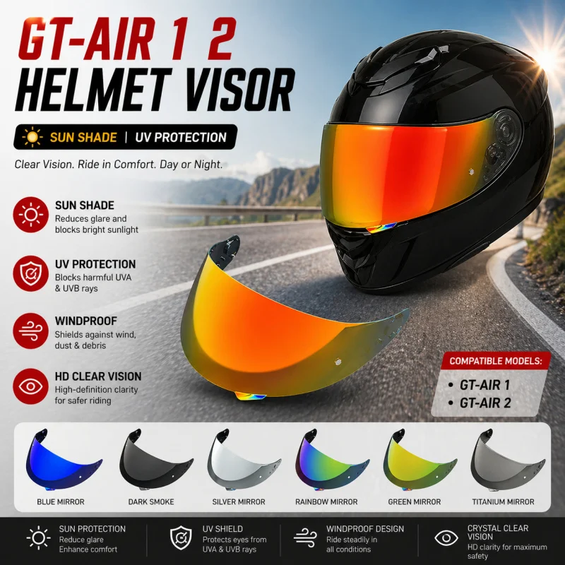 GT Air 1/2 Helmet Visor for Neotec 1/CNS-1/GT-Air 2, Electroplated Mirror Lens, UV Protection Sunshade, Anti-Glare Windproof
GT Air 1/2 Helmet Visor for Neotec 1/CNS-1/GT-Air 2, Electroplated Mirror Lens, UV Protection Sunshade, Anti-Glare Windproof