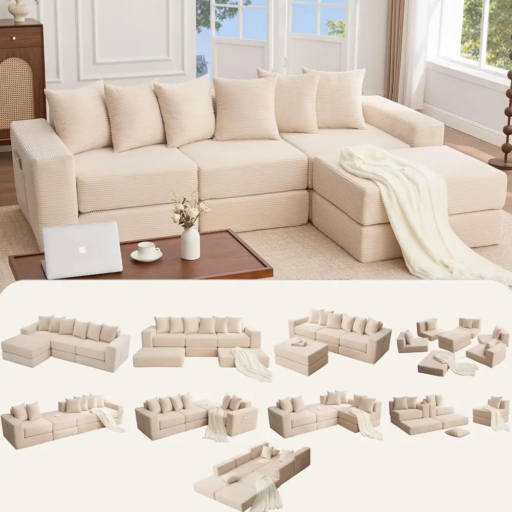 L-Shaped Sofa Bed with Reversible Chaise, Corduroy Fabric, 6-Pillow Convertible Couch Bed with Storage for Living Room, Beige
L-Shaped Sofa Bed with Reversible Chaise, Corduroy Fabric, 6-Pillow Convertible Couch Bed with Storage for Living Room, Beige
