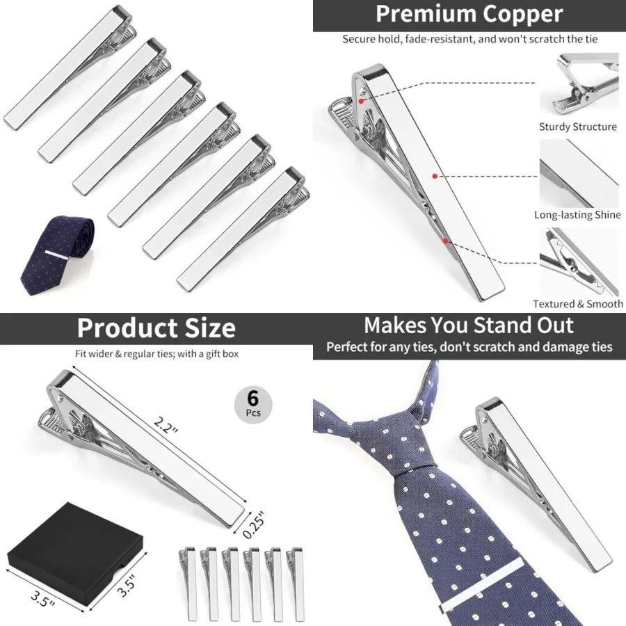 6 Pcs Tie Clips for Men, Classic Shiny & Glossy Tie Bar, Ideal for Father, Husband, Boyfriend, Business, Wedding, Tie Pins with Gift Box, Silver
6 Pcs Tie Clips for Men, Classic Shiny & Glossy Tie Bar, Ideal for Father, Husband, Boyfriend, Business, Wedding, Tie Pins with Gift Box, Silver