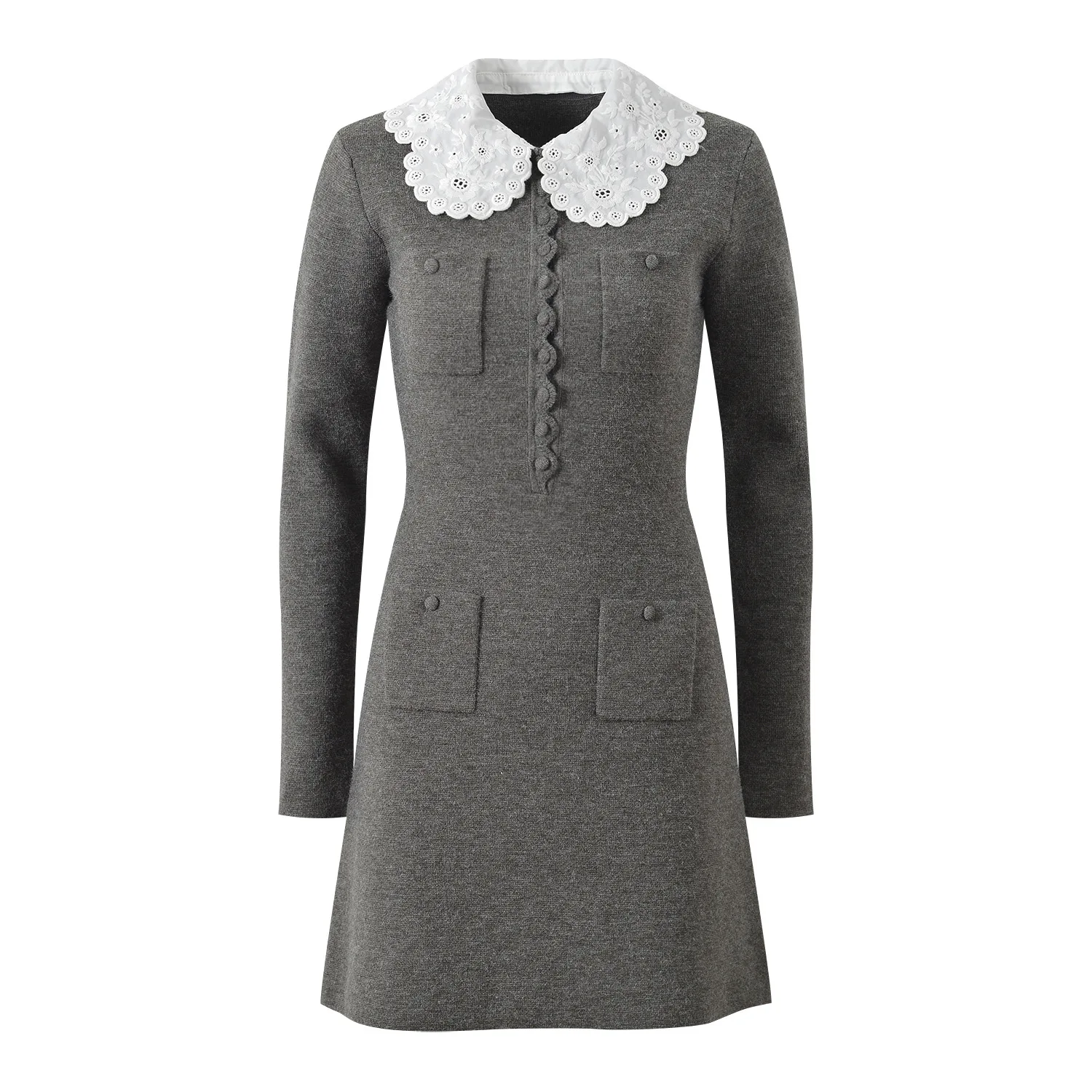 Gray Long Sleeve Sweet Knit Mini Dress – Peter Pan Collar A-Line Robe with Pockets & Embroidery for Spring 2026
Gray Long Sleeve Sweet Knit Mini Dress – Peter Pan Collar A-Line Robe with Pockets & Embroidery for Spring 2026