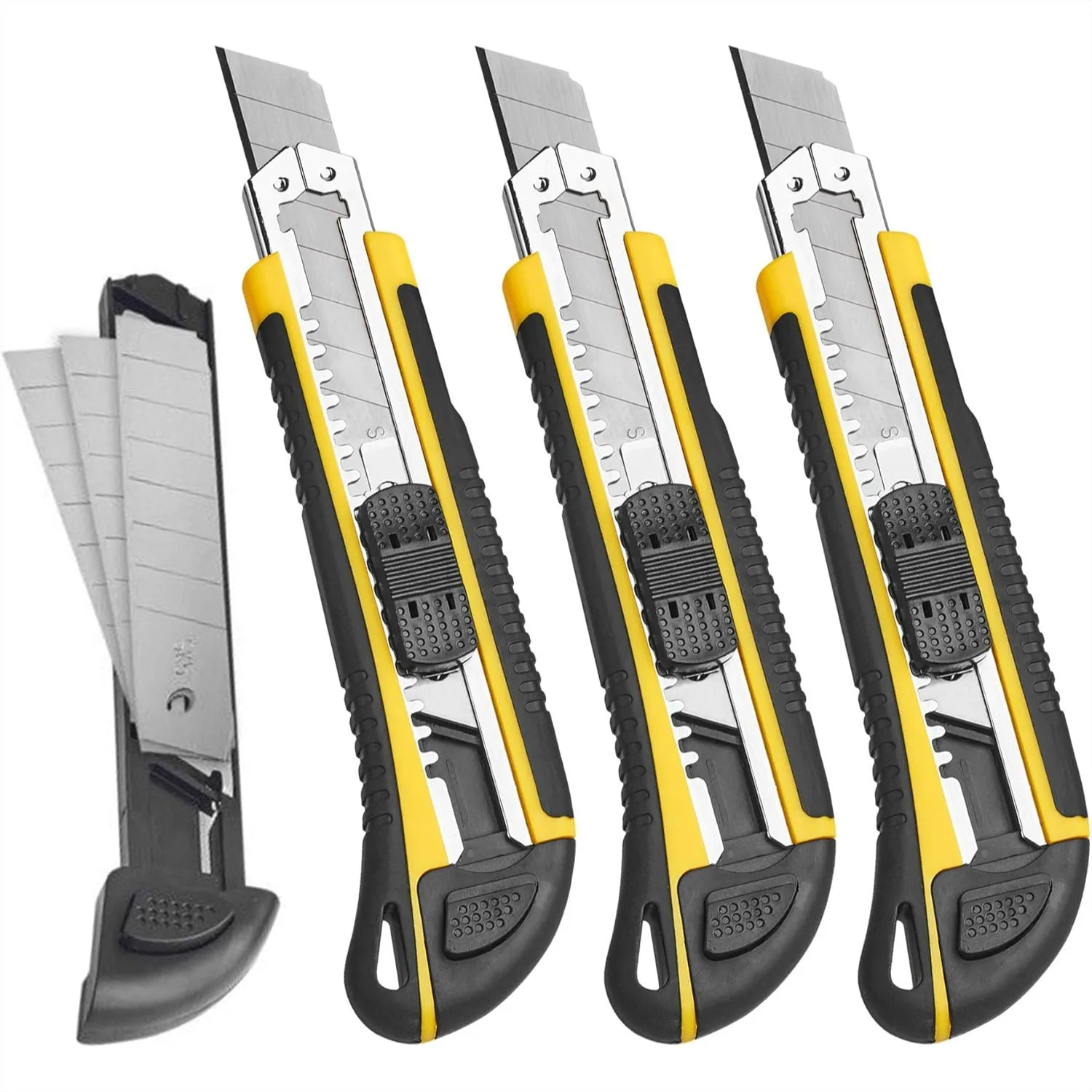 Utility Knife Box Cutter Retractable Self Loading Heavy Duty Snap Off Quick Change Extra Blades 3 Pack TPR PP Handle For Cutting Cardboard Boxes DIY
Utility Knife Box Cutter Retractable Self Loading Heavy Duty Snap Off Quick Change Extra Blades 3 Pack TPR PP Handle For Cutting Cardboard Boxes DIY
