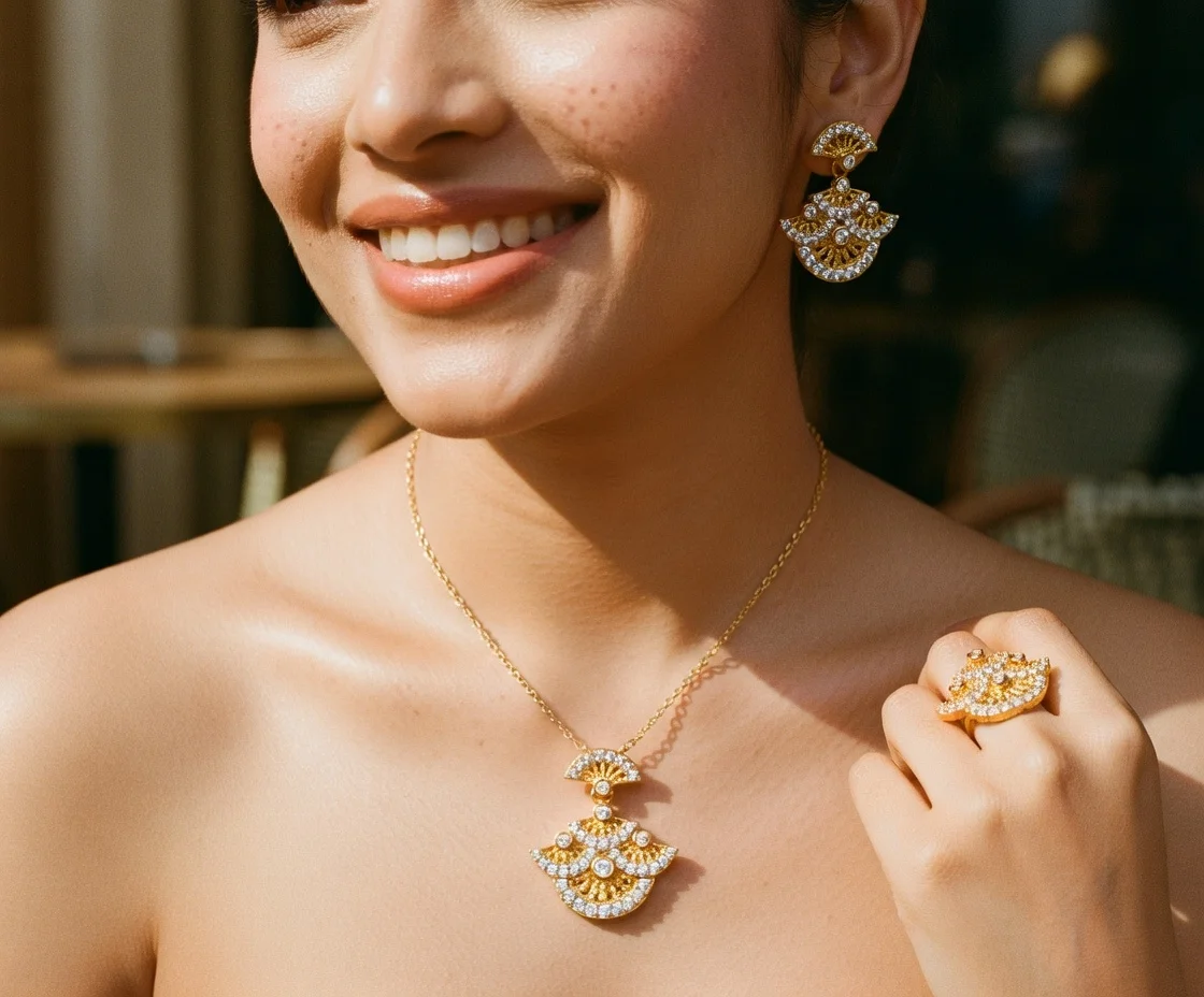 Retro 3D Fan Skirt Pave Zircon Pendant Necklace Earrings Ring Set for Women Light Luxury Guo Feng Palace Style Vintage National
Retro 3D Fan Skirt Pave Zircon Pendant Necklace Earrings Ring Set for Women Light Luxury Guo Feng Palace Style Vintage National