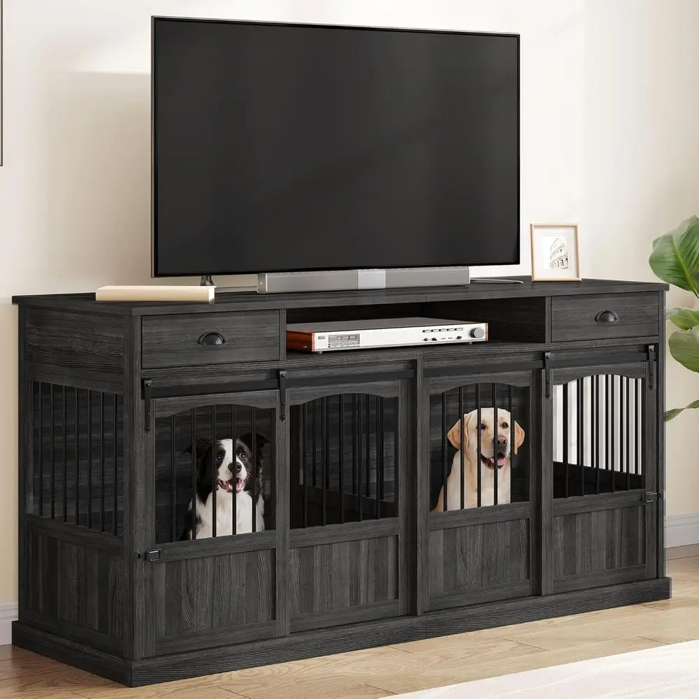 Farmhouse Style Double Dog Crate with Storage, 2 Sliding Doors, Divider, Power Outlet for Medium to Large Dogs, Dark Grey
Farmhouse Style Double Dog Crate with Storage, 2 Sliding Doors, Divider, Power Outlet for Medium to Large Dogs, Dark Grey