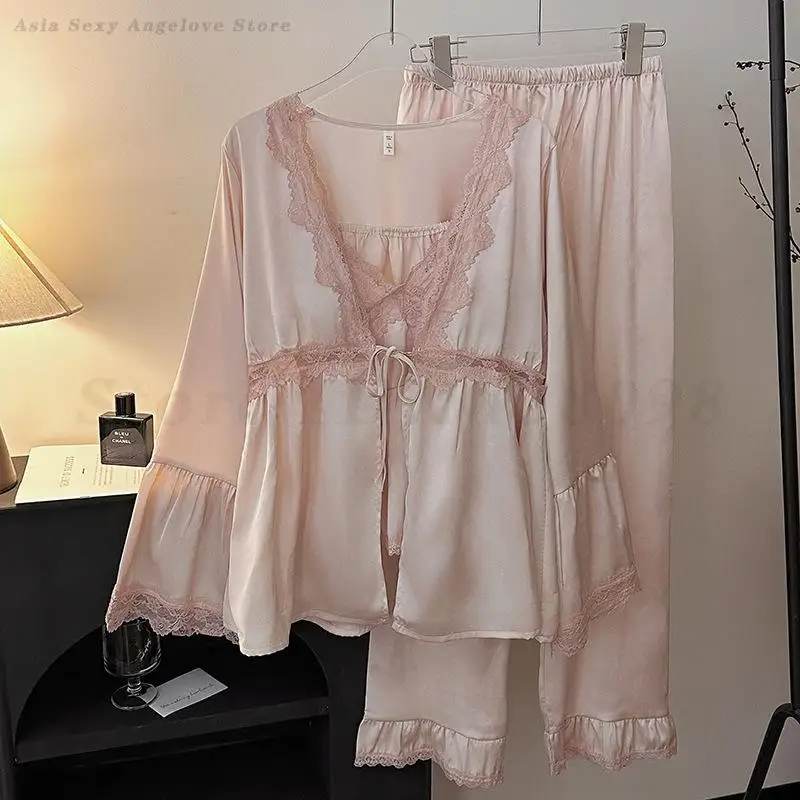Female 3PCS Pajamas Set Sexy Lace Long Sleeved Cardigan Cami&Trouser Sleepwear Spring Summer New Casual Nightwear Home Clothes
Female 3PCS Pajamas Set Sexy Lace Long Sleeved Cardigan Cami&Trouser Sleepwear Spring Summer New Casual Nightwear Home Clothes