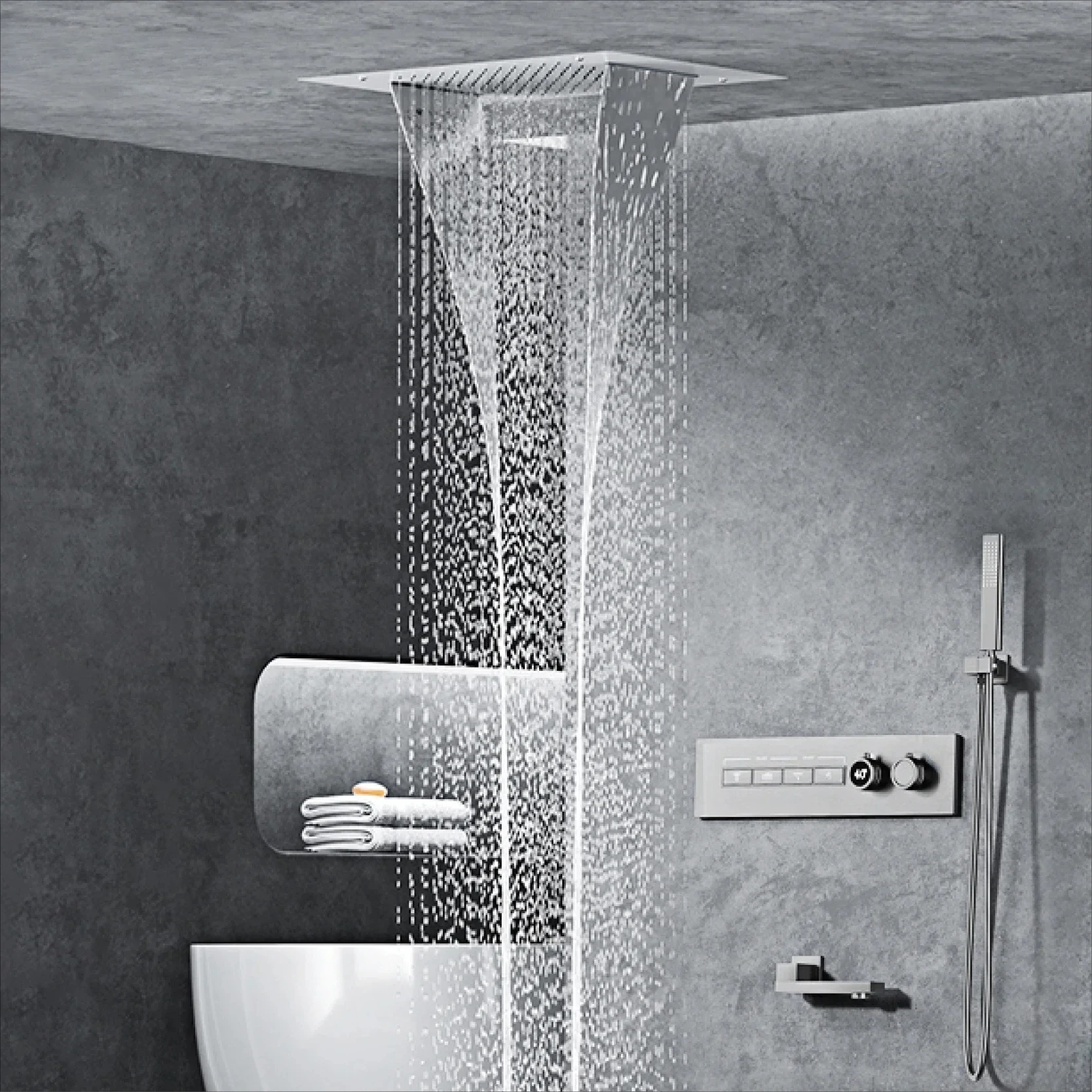 Luxury black brass shower system wall-mounted LED digital display design Cold & hot dual-control 4-function ceiling shower Tap
Luxury black brass shower system wall-mounted LED digital display design Cold & hot dual-control 4-function ceiling shower Tap