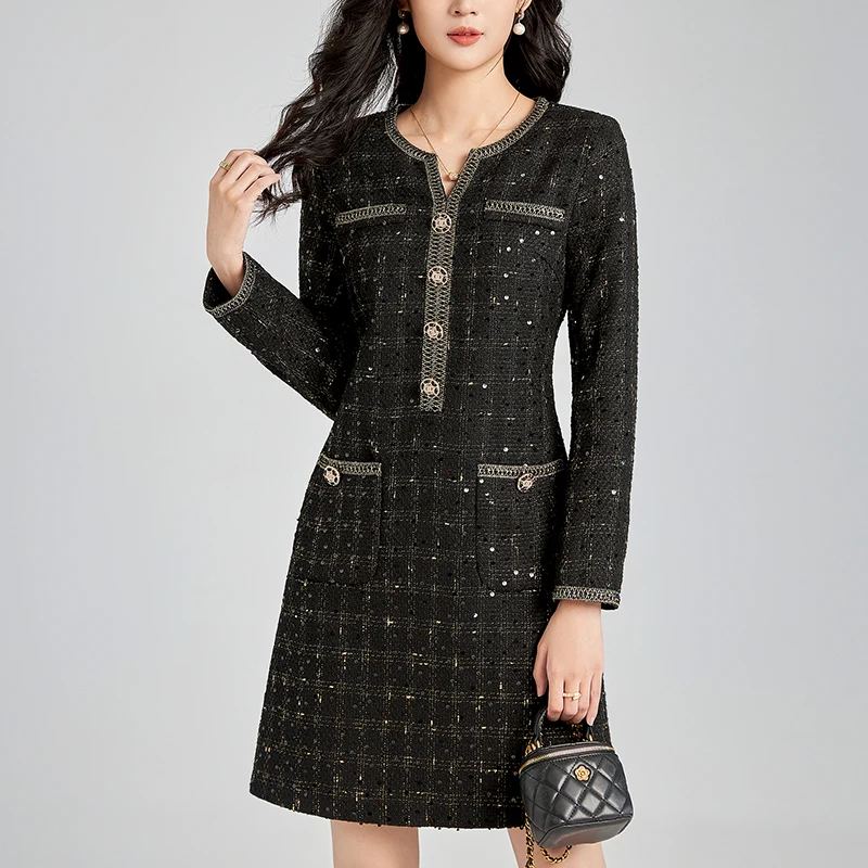 Vintage Tweed Dresses For Women Autumn Winter Elegant Fashion V-neck Long Sleeve French Style Office Lady Black Dress A-line
Vintage Tweed Dresses For Women Autumn Winter Elegant Fashion V-neck Long Sleeve French Style Office Lady Black Dress A-line