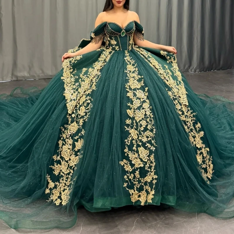 Blackish Green Shiny Quinceanera Dresses Ball Gown Off The Shoulder Applique Lace Beads Bow Tull Party Birthday Sweet 16 Vestido
Blackish Green Shiny Quinceanera Dresses Ball Gown Off The Shoulder Applique Lace Beads Bow Tull Party Birthday Sweet 16 Vestido