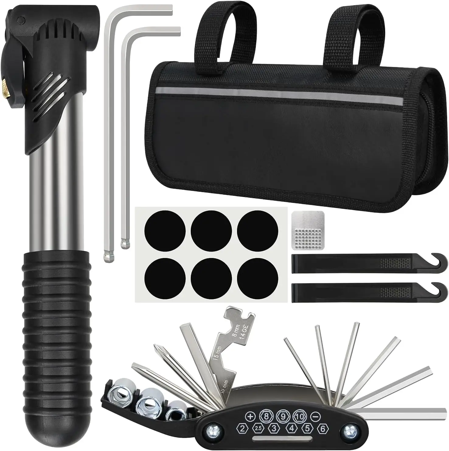 16-in-1 Bike Repair Kit with Mini Pump, Tire Levers & Patches, Portable for MTB Road Bike
16-in-1 Bike Repair Kit with Mini Pump, Tire Levers & Patches, Portable for MTB Road Bike