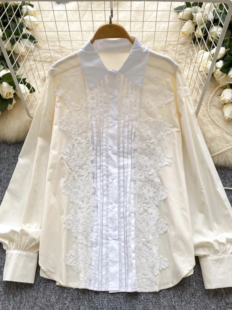 Korean Fashion Blouses Turn Down Collar Long Sleeve Lace Patchwork Folds Design Shirts Spring Autumn All Match Women's Clothing
Korean Fashion Blouses Turn Down Collar Long Sleeve Lace Patchwork Folds Design Shirts Spring Autumn All Match Women's Clothing