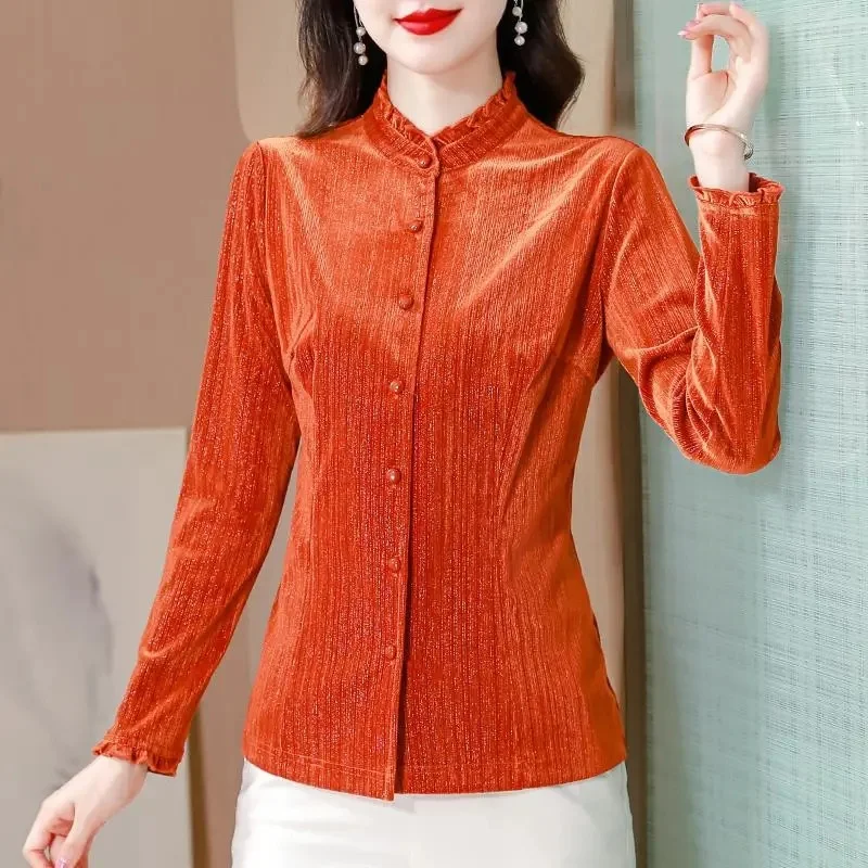Spring Autumn Female Golden Velvet Blouse Coat Ladies Fashion Single-breasted Patchwork Tops European Women Stand Collar Shirts
Spring Autumn Female Golden Velvet Blouse Coat Ladies Fashion Single-breasted Patchwork Tops European Women Stand Collar Shirts