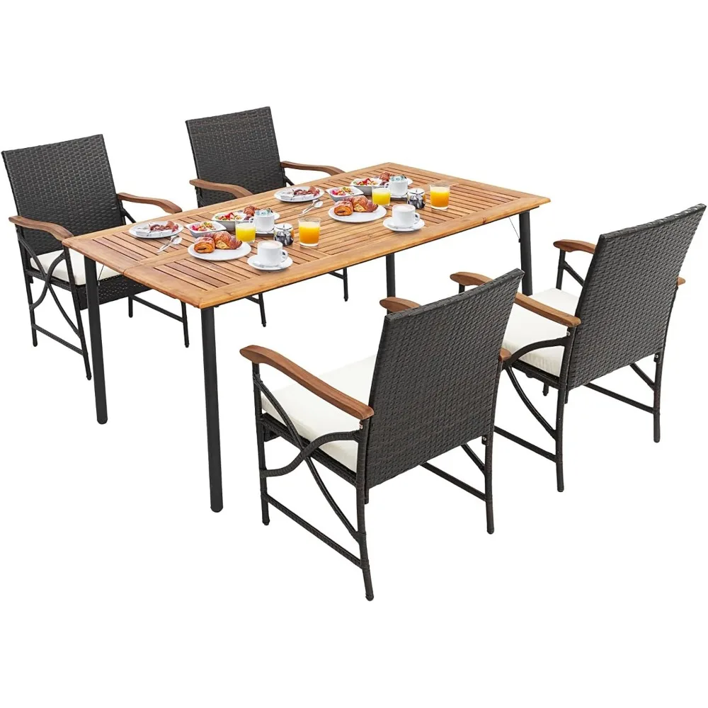 5 Pieces Outdoor Dining Set with Acacia Wood Table & 4 Wicker Rattan Armrest Chairs, Detachable Cushions, Umbrella Hole, All-We
5 Pieces Outdoor Dining Set with Acacia Wood Table & 4 Wicker Rattan Armrest Chairs, Detachable Cushions, Umbrella Hole, All-We