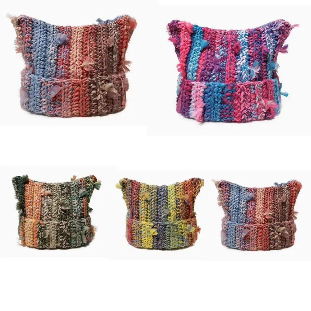 Шапка с кошачьими ушками, разноцветная вязаная шапка с бахромой, полосатый узор, градиент цвета, толстая линия, вязаная крючком шапка, холодная погода
Шапка с кошачьими ушками, разноцветная вязаная шапка с бахромой, полосатый узор, градиент цвета, толстая линия, вязаная крючком шапка, холодная погода