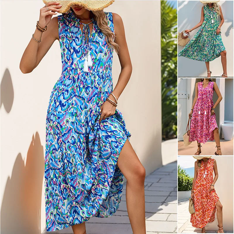 2026 Women's Summer Sleeveless Printed Bohemian Dress Spliced Casual Loose V-neck Lace-up Tassel Beach Vacation Sundress
2026 Women's Summer Sleeveless Printed Bohemian Dress Spliced Casual Loose V-neck Lace-up Tassel Beach Vacation Sundress