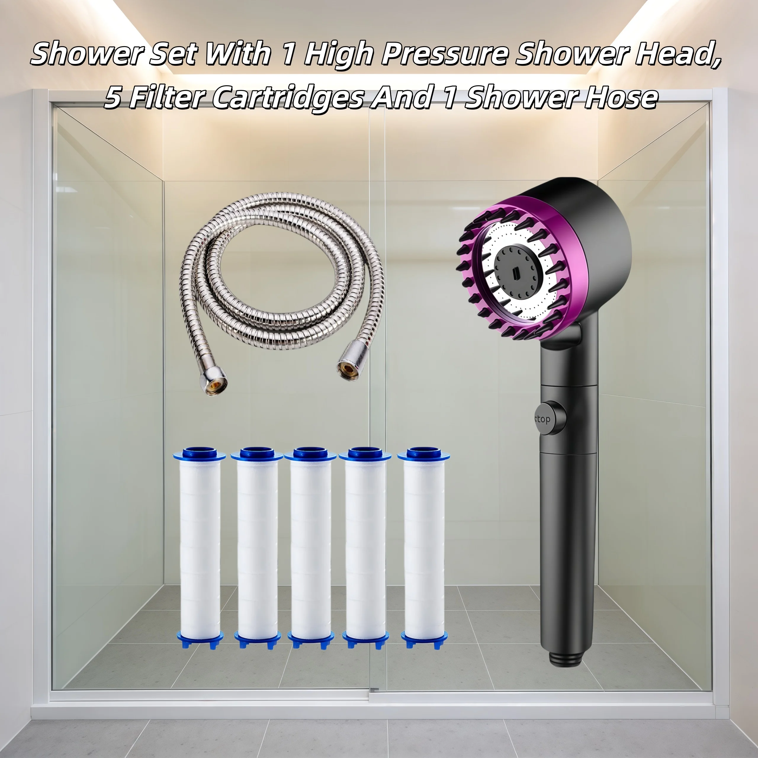 7PCS Black Purple High Pressure Water Saving Shower Head Set 3Modes Adjustable One Key Water Stop with 5 Filter 59in Shower Hose
7PCS Black Purple High Pressure Water Saving Shower Head Set 3Modes Adjustable One Key Water Stop with 5 Filter 59in Shower Hose