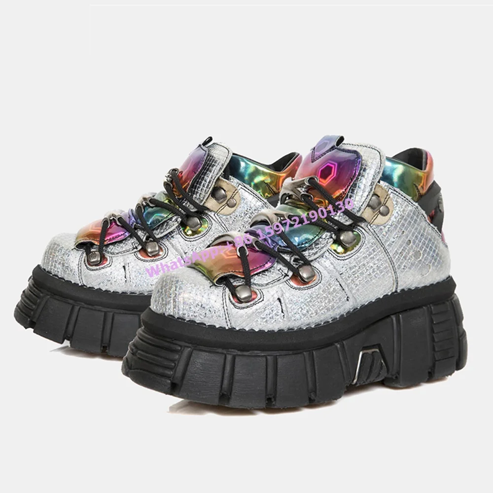 Metal Punk Mixed Color Pumps Silvery Round Toe Thick Soles Cross Tied Lace Up Ankle Boots Women's Fashion Colorful Leisure Shoes
Metal Punk Mixed Color Pumps Silvery Round Toe Thick Soles Cross Tied Lace Up Ankle Boots Women's Fashion Colorful Leisure Shoes