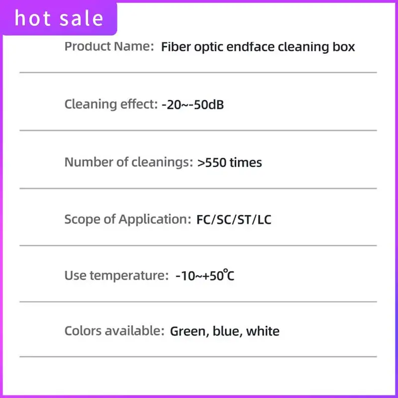 ELEC-Fiber Optic Cleaner Cassette+2Xcleaning Core Fiber End Face Cleaning Box Pigtail Cleaner For SC/FC/ST/LC Cleaner Tool
ELEC-Fiber Optic Cleaner Cassette+2Xcleaning Core Fiber End Face Cleaning Box Pigtail Cleaner For SC/FC/ST/LC Cleaner Tool