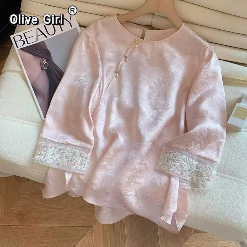 Chinese Shirt Top Blouse Embroidery Jacquard Women Spring Autumn 2025 Imitation Mulberry Silk Long Sleeved Shirt Fragrance
Chinese Shirt Top Blouse Embroidery Jacquard Women Spring Autumn 2025 Imitation Mulberry Silk Long Sleeved Shirt Fragrance
