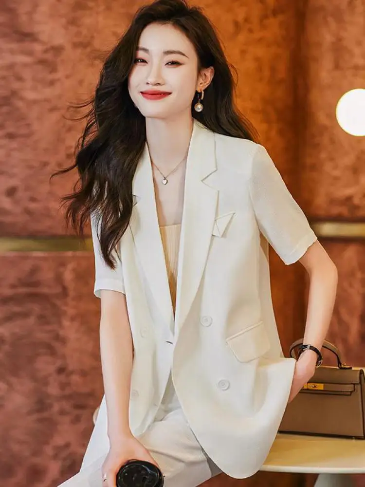 Korean Fashion Women's Beige Blue Elegant Double Breasted Long Blazer Coat Summer Ladies Rose Red Short Sleeved Top Clothing New
Korean Fashion Women's Beige Blue Elegant Double Breasted Long Blazer Coat Summer Ladies Rose Red Short Sleeved Top Clothing New