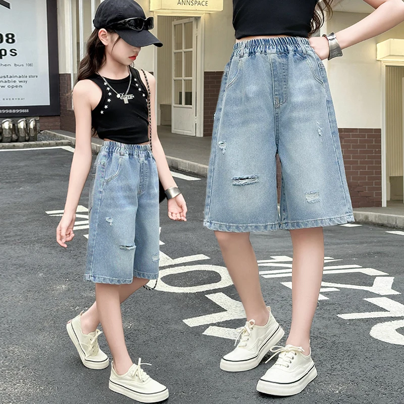 New Arrival Kids Child Loose Straight Ripped Denim Shorts with Hole for Girl High Fashion Knee Length Summer Mid Jeans Pantsn
New Arrival Kids Child Loose Straight Ripped Denim Shorts with Hole for Girl High Fashion Knee Length Summer Mid Jeans Pantsn