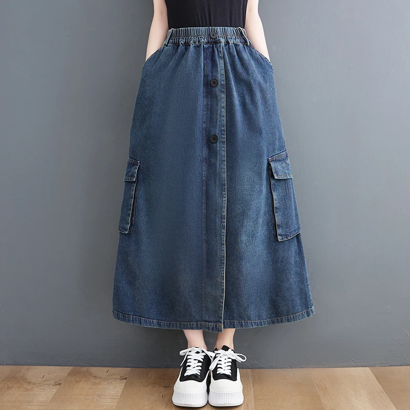 Casual Loose Plus Size Jeans Long Skirts For Women Vintage A-Line Elastic High Waist Denim Skirt Pockets Single-breasted Faldas
Casual Loose Plus Size Jeans Long Skirts For Women Vintage A-Line Elastic High Waist Denim Skirt Pockets Single-breasted Faldas