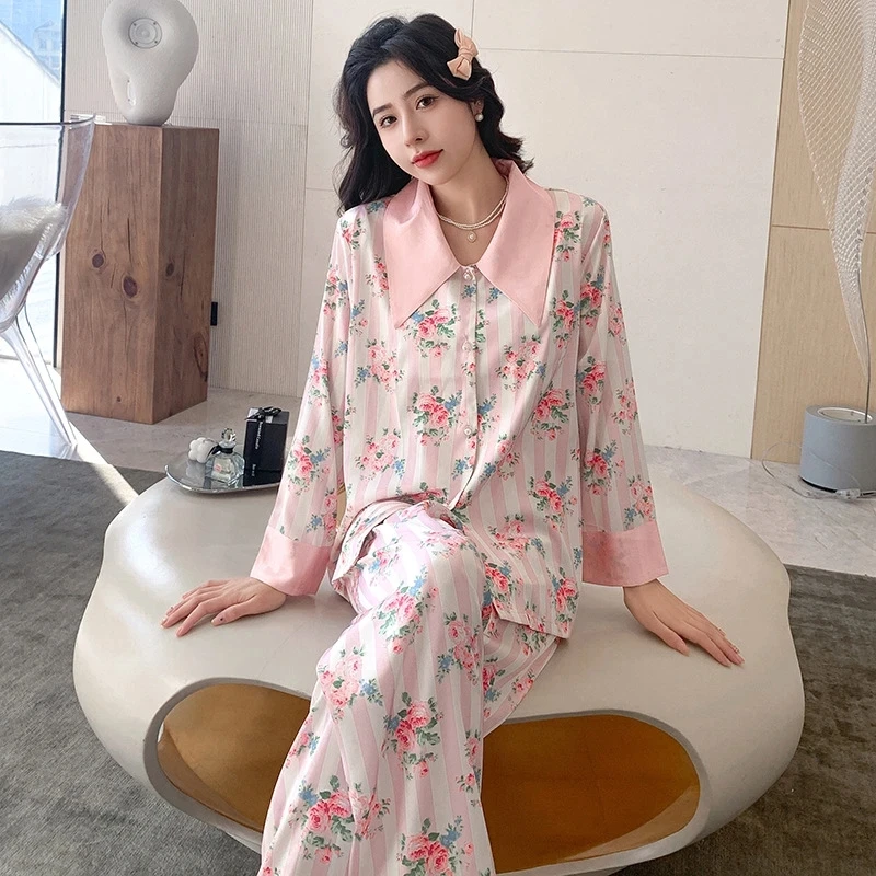 2023 Spring Summer Striped With Floral Print Leisure Women Pajamas Sets 2 Pieces Set Big Collar Female Pijamas Autumn Sleepwear
2023 Spring Summer Striped With Floral Print Leisure Women Pajamas Sets 2 Pieces Set Big Collar Female Pijamas Autumn Sleepwear