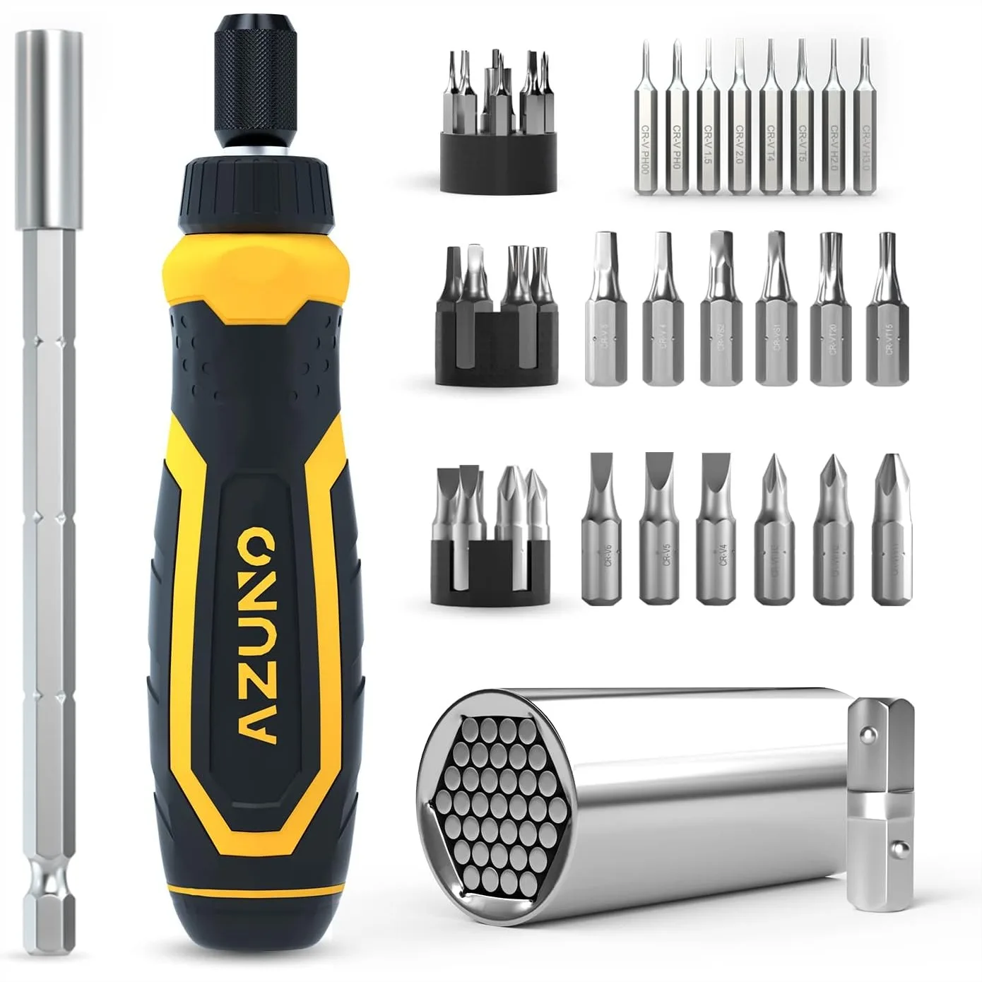 24 in 1 Ratchet Screwdriver Set with Universal Socket, 20 CRV Bits Stored in Handle, Slotted/Philips/Torx/Hex/Square Bits
24 in 1 Ratchet Screwdriver Set with Universal Socket, 20 CRV Bits Stored in Handle, Slotted/Philips/Torx/Hex/Square Bits