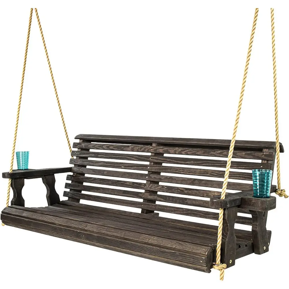 Durable 700lb Capacity Wooden Porch Swing with Cup Holders - Outdoor Rollback Swing, Black Stain, Contoured Support
Durable 700lb Capacity Wooden Porch Swing with Cup Holders - Outdoor Rollback Swing, Black Stain, Contoured Support