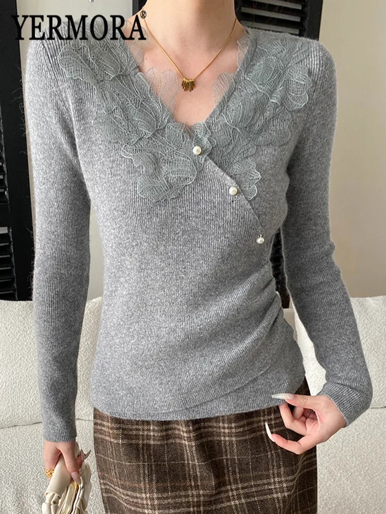 YERMORA Gray Asymmetric Button Lace Casual Pullover For Women V-Neck Long Sleeve Loose New Sweater Fashion Spring Autumn 2026
YERMORA Gray Asymmetric Button Lace Casual Pullover For Women V-Neck Long Sleeve Loose New Sweater Fashion Spring Autumn 2026
