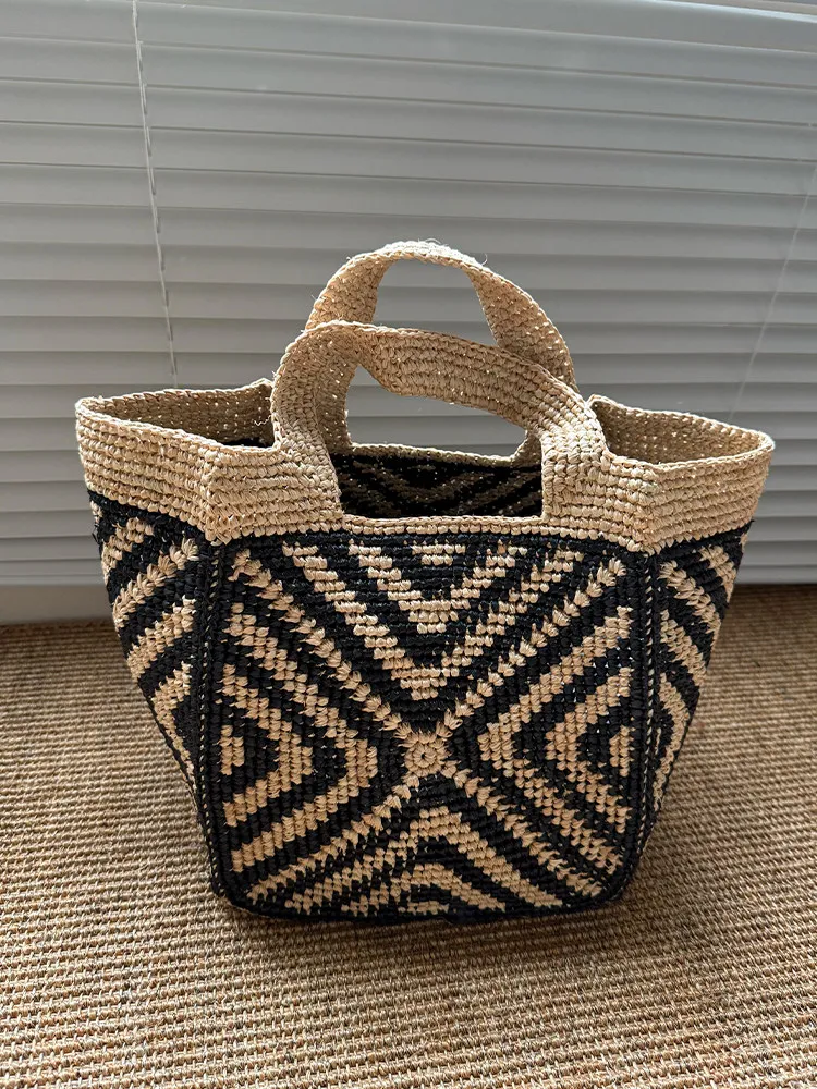 Handwoven Raffia Tote Bag Women Geometric Pattern Straw Handbag Boho Chic Summer Top Handle Beach Bag
Handwoven Raffia Tote Bag Women Geometric Pattern Straw Handbag Boho Chic Summer Top Handle Beach Bag
