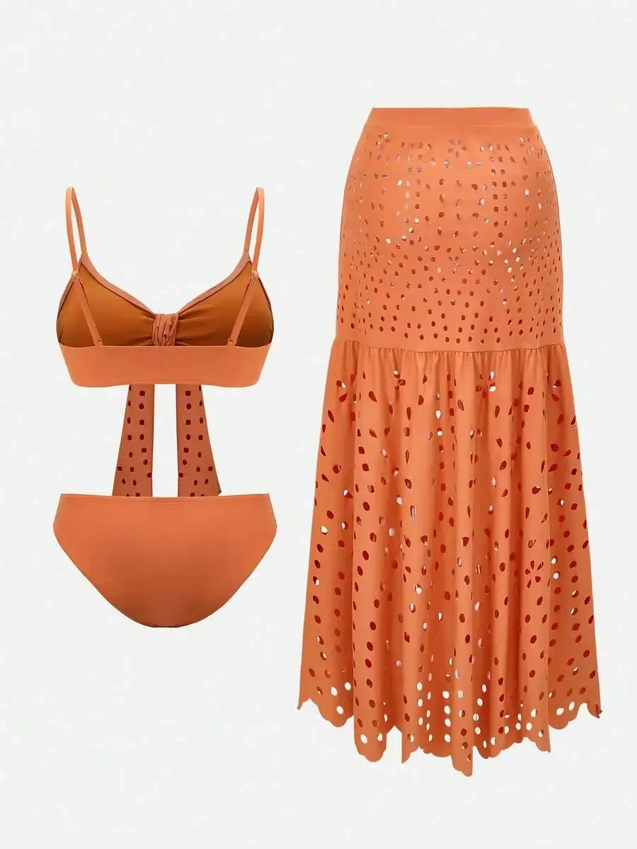 Orange Hollow Out Two Piece Swimsuit Set With Skirt Beach Cover Up
Orange Hollow Out Two Piece Swimsuit Set With Skirt Beach Cover Up
