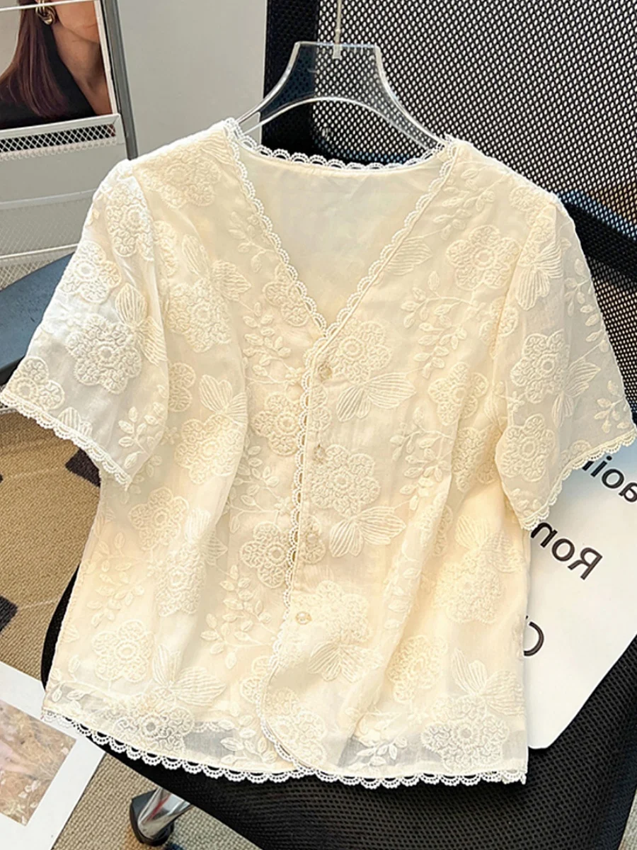 Ruffle Trim Embroidered V-Neck Short Sleeve Shirt Women's Summer Slimming Top Elegant Feel Lace Shirt Commute Style Polyester...
Ruffle Trim Embroidered V-Neck Short Sleeve Shirt Women's Summer Slimming Top Elegant Feel Lace Shirt Commute Style Polyester...