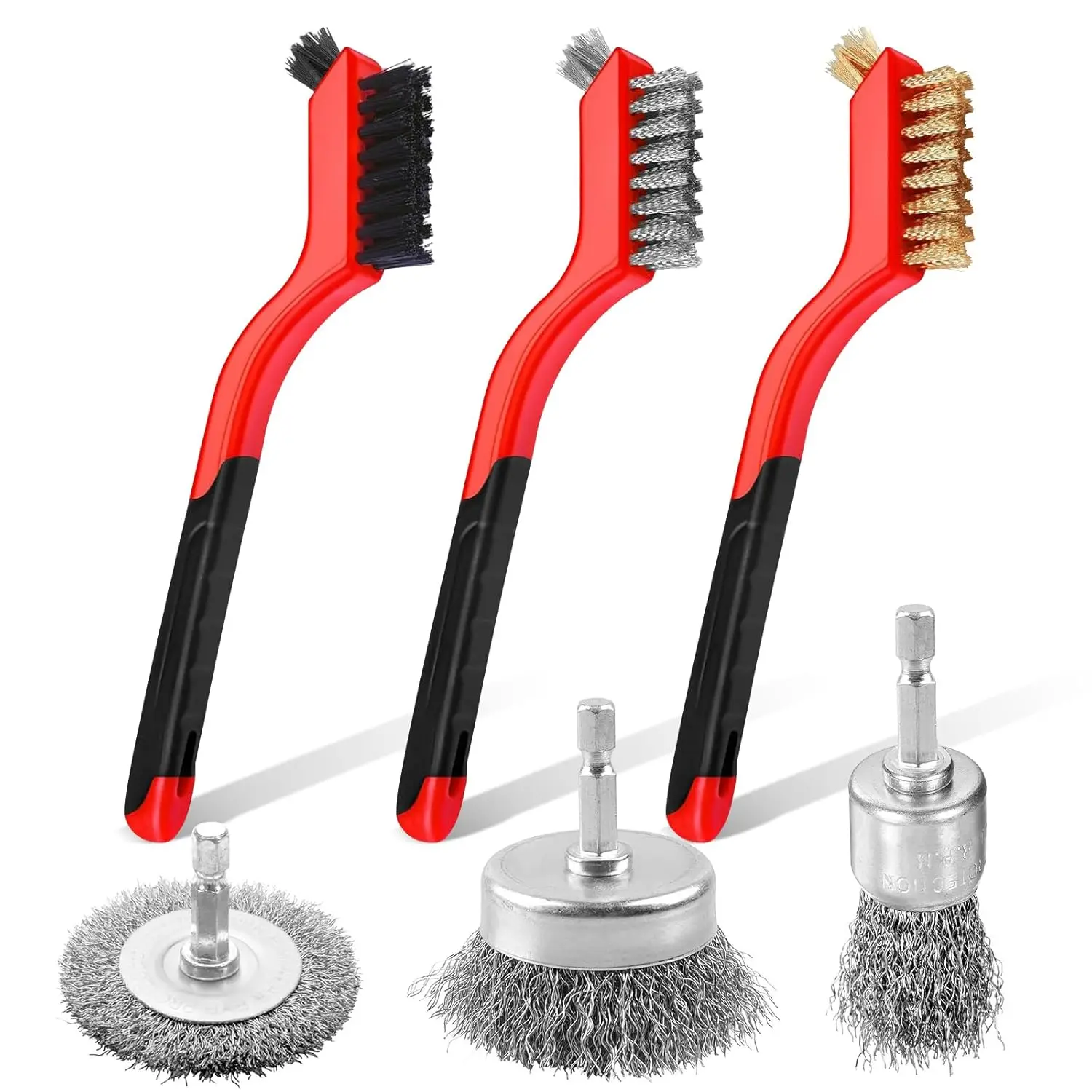 6Pcs Wire Brushes for Cleaning Rust with Nylon, Brass, Stainless Steel, and Carbon Steel Bristles, 7-Inch Handle & 1/4-Inch Hex
6Pcs Wire Brushes for Cleaning Rust with Nylon, Brass, Stainless Steel, and Carbon Steel Bristles, 7-Inch Handle & 1/4-Inch Hex