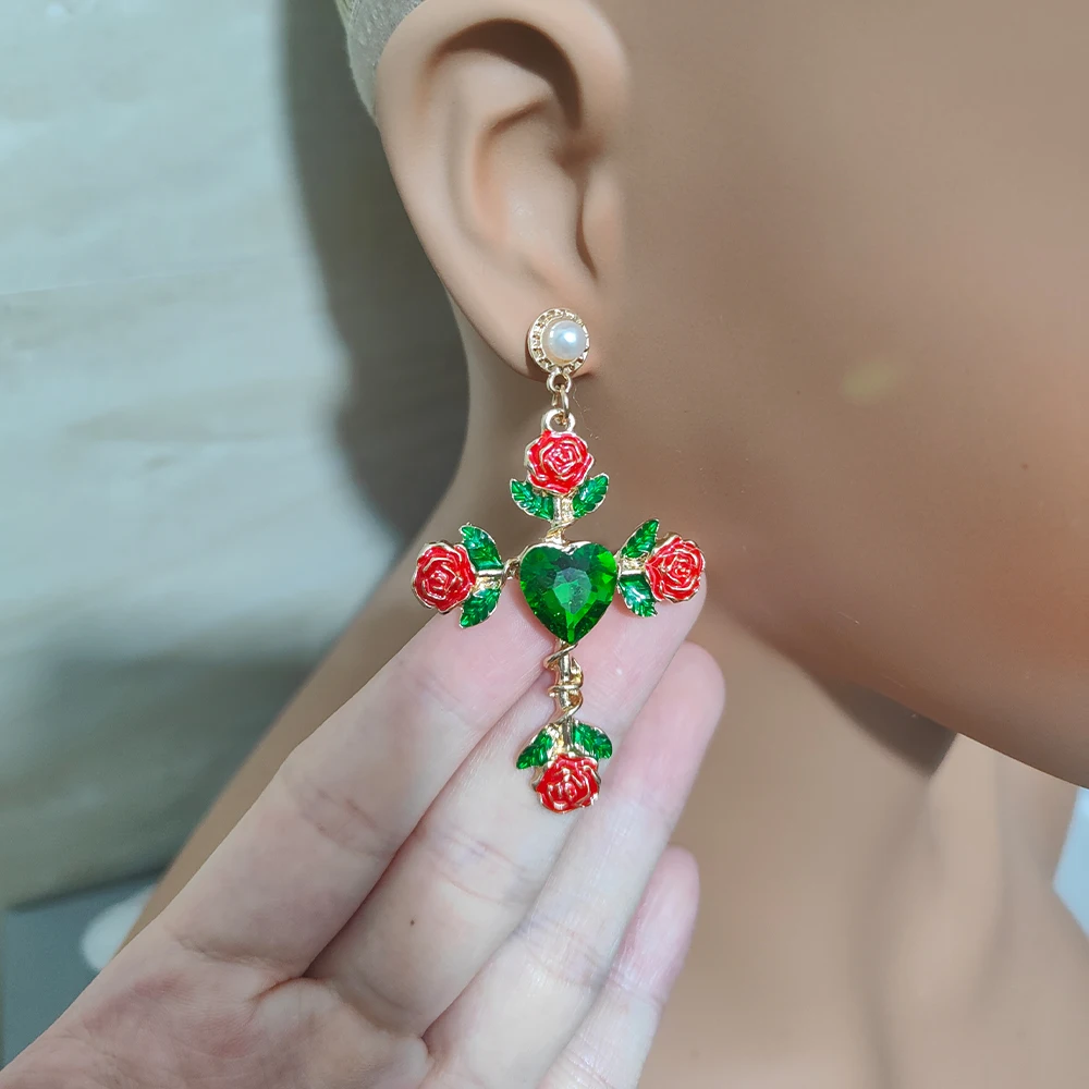 Vintage Jewelry Baroque Christian Gift Long Stunning Red Enamel Rose Flower Cross Statement Dangle Drop Earrings for Women
Vintage Jewelry Baroque Christian Gift Long Stunning Red Enamel Rose Flower Cross Statement Dangle Drop Earrings for Women